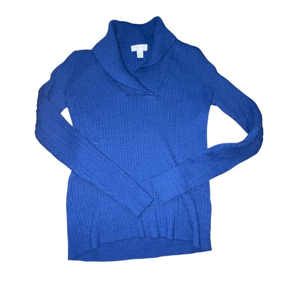 Charter Club Petite Womens Cowl Neck, Cable Knit Sweater-Blue-Size PS-GUC